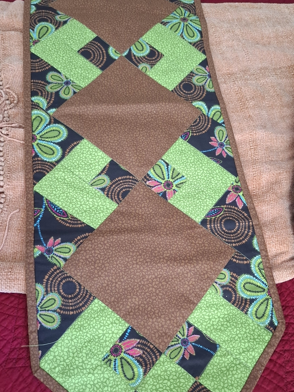 Handmade Brown and Lime Patchwork Table Runner